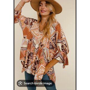 Haptics By Holly Harper Boho Patchwork Shark Bite Bottom 3/4 Sleeve Top - L
